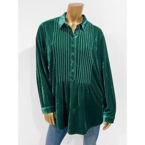 Coldwater Creek Women's Green Long Sleeve Velvet Pintuck Tunic Top Size XL